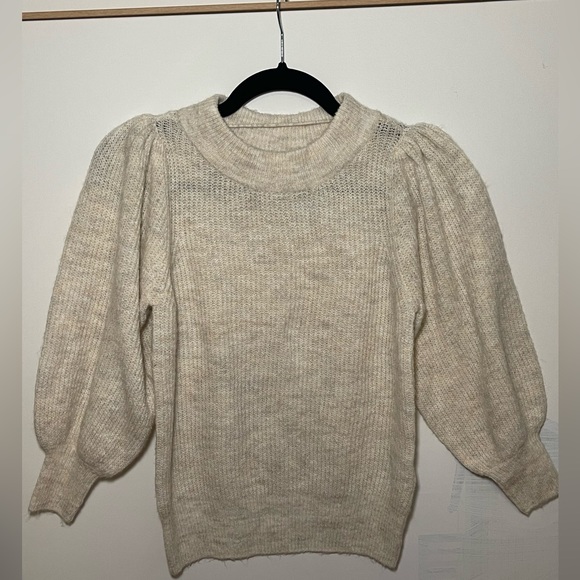 PUFF SHOULDER KNIT OATMEAL WOOL BLEND SWEATER XS - Picture 3 of 5